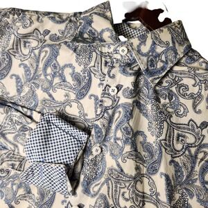 Bugatchi Paisley Print Button Up Shirt Blue White Long Sleeve Mens Size Large